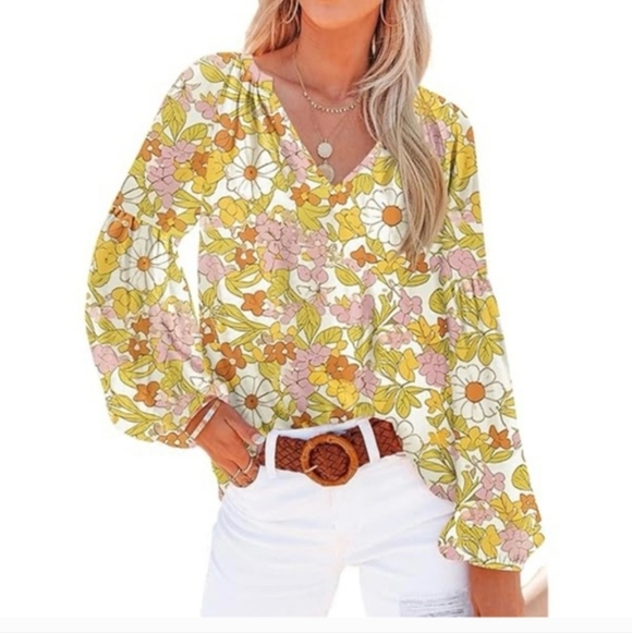 BTFBM Tops - BTFBM Retro Floral Blouse V-Neck Long Sleeve Lined Women's Medium Orange Pinks